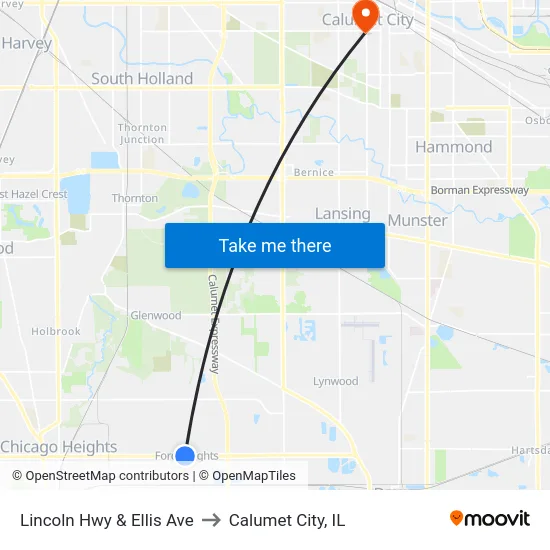 Lincoln Hwy & Ellis Ave to Calumet City, IL map