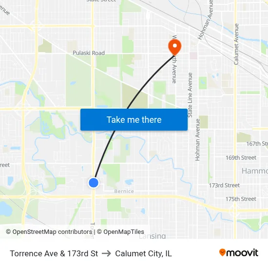 Torrence Ave & 173rd St to Calumet City, IL map