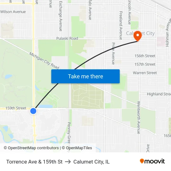 Torrence Ave & 159th St to Calumet City, IL map