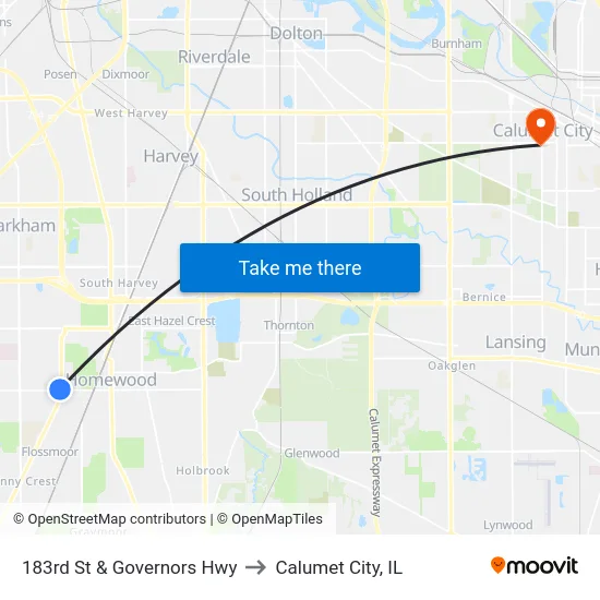 183rd St & Governors Hwy to Calumet City, IL map