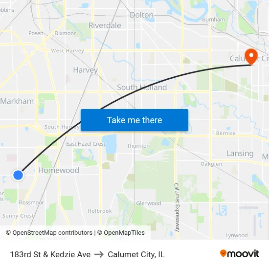 183rd St & Kedzie Ave to Calumet City, IL map