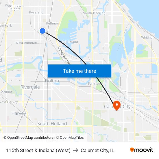 115th Street & Indiana (West) to Calumet City, IL map