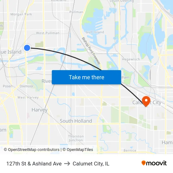 127th St & Ashland Ave to Calumet City, IL map