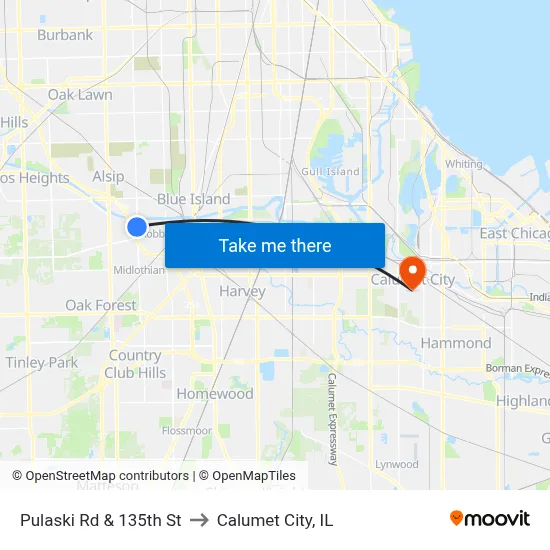 Pulaski Rd & 135th St to Calumet City, IL map