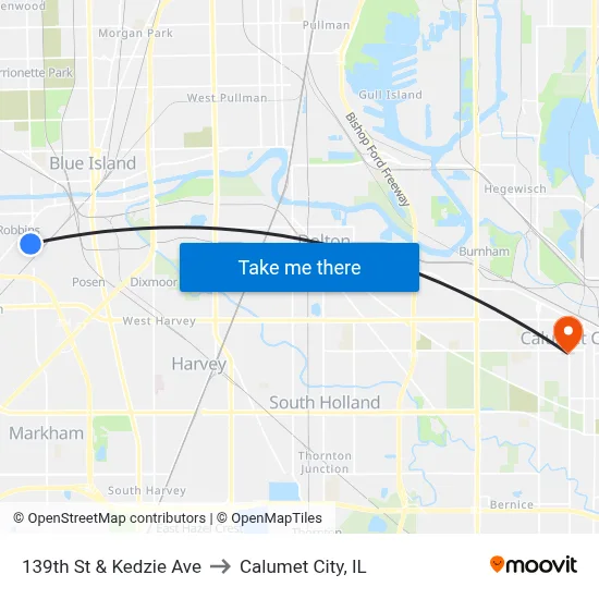 139th St & Kedzie Ave to Calumet City, IL map