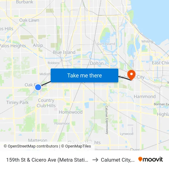 159th St & Cicero Ave (Metra Station) to Calumet City, IL map