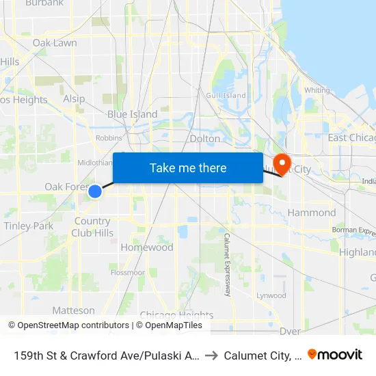 159th St & Crawford Ave/Pulaski Ave to Calumet City, IL map