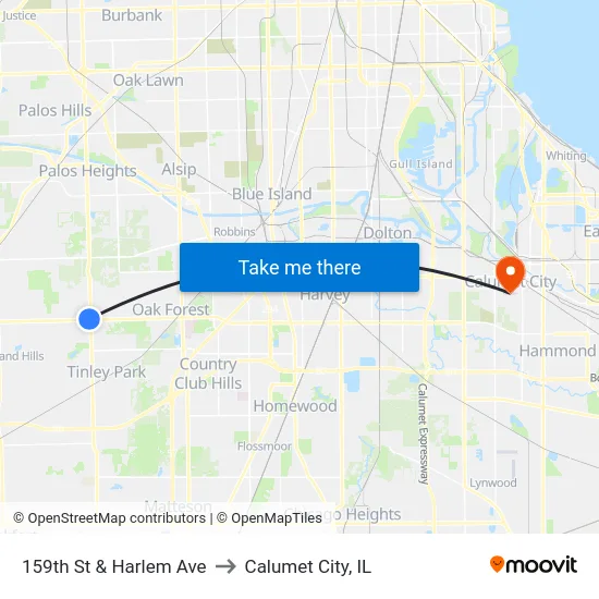 159th St & Harlem Ave to Calumet City, IL map