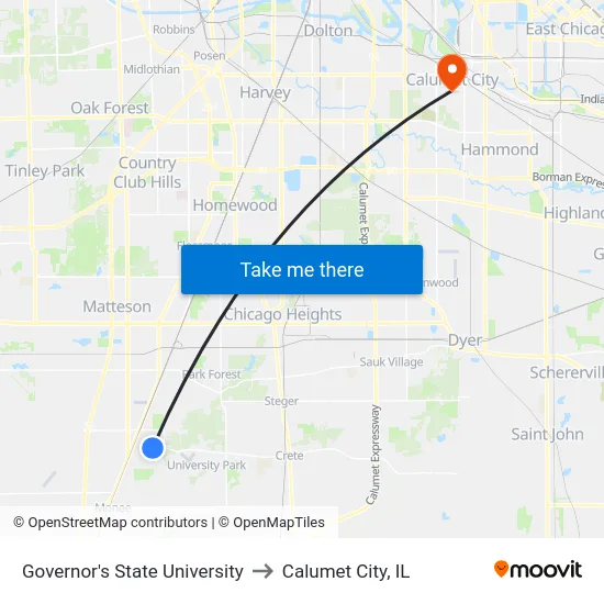 Governor's State University to Calumet City, IL map