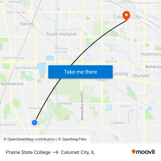 Prairie State College to Calumet City, IL map