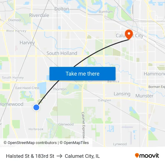 Halsted St & 183rd St to Calumet City, IL map