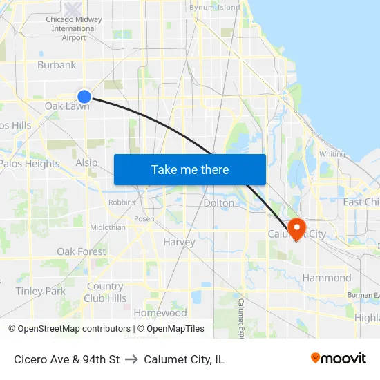 Cicero Ave & 94th St to Calumet City, IL map