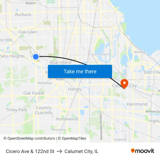Cicero Ave & 122nd St to Calumet City, IL map