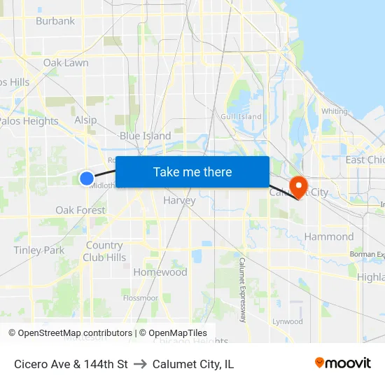 Cicero Ave & 144th St to Calumet City, IL map