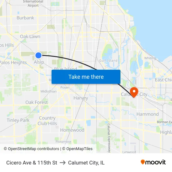 Cicero Ave & 115th St to Calumet City, IL map