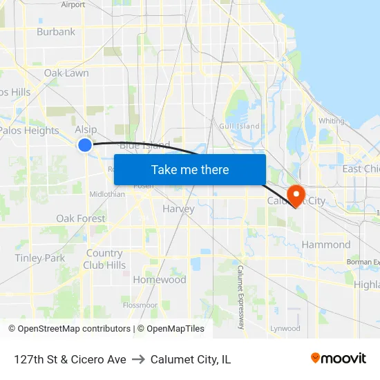127th St & Cicero Ave to Calumet City, IL map