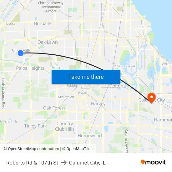 Roberts Rd & 107th St to Calumet City, IL map