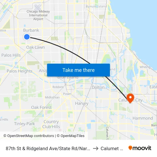 87th St & Ridgeland Ave/State Rd/Narragansett Ave to Calumet City, IL map