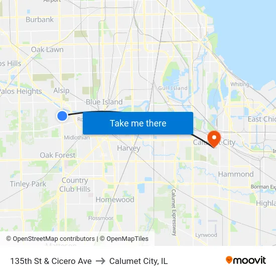 135th St & Cicero Ave to Calumet City, IL map