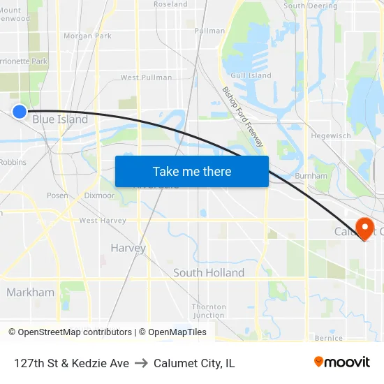 127th St & Kedzie Ave to Calumet City, IL map