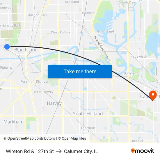 Wireton Rd & 127th St to Calumet City, IL map