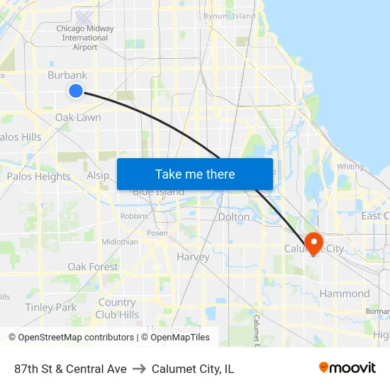 87th St & Central Ave to Calumet City, IL map