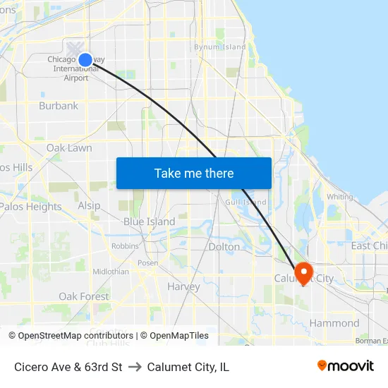 Cicero Ave & 63rd St to Calumet City, IL map