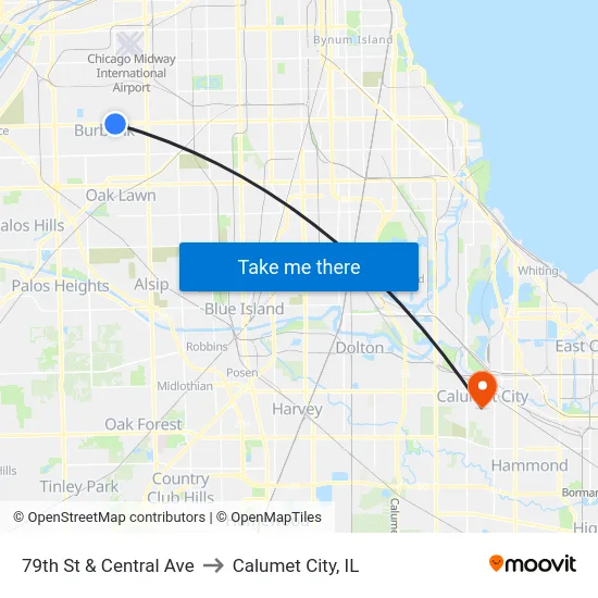 79th St & Central Ave to Calumet City, IL map