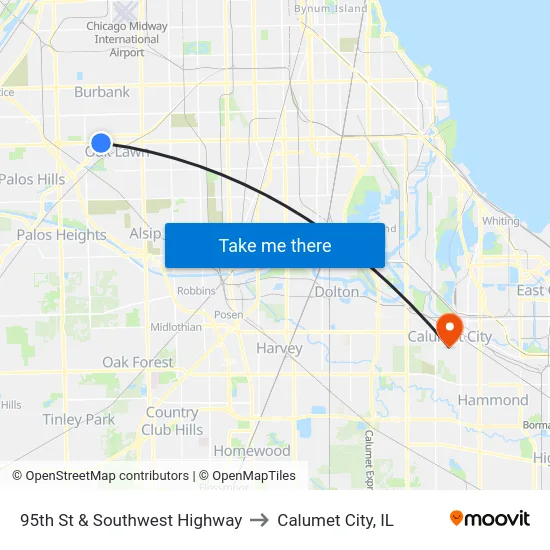 95th St & Southwest Highway to Calumet City, IL map