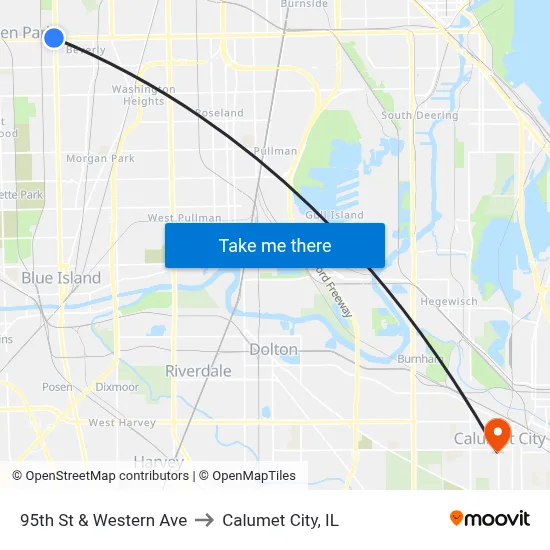 95th St & Western Ave to Calumet City, IL map