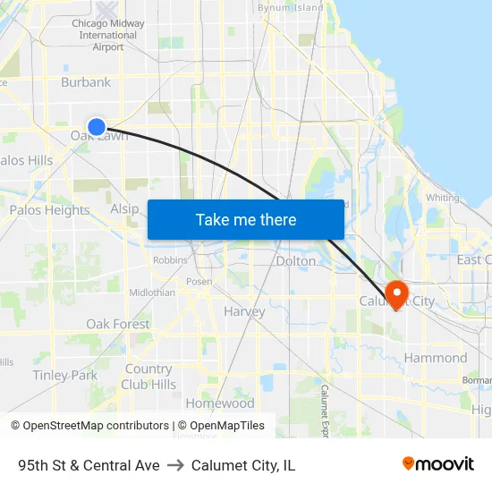 95th St & Central Ave to Calumet City, IL map