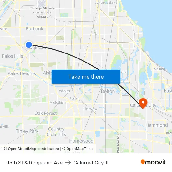 95th St & Ridgeland Ave to Calumet City, IL map