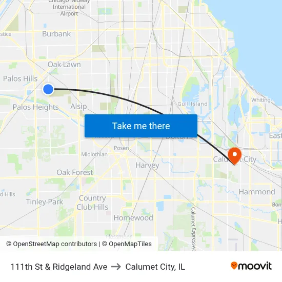 111th St & Ridgeland Ave to Calumet City, IL map