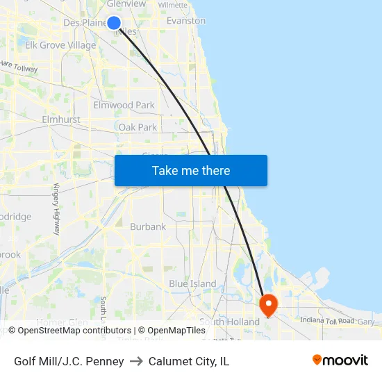 Golf Mill/J.C. Penney to Calumet City, IL map
