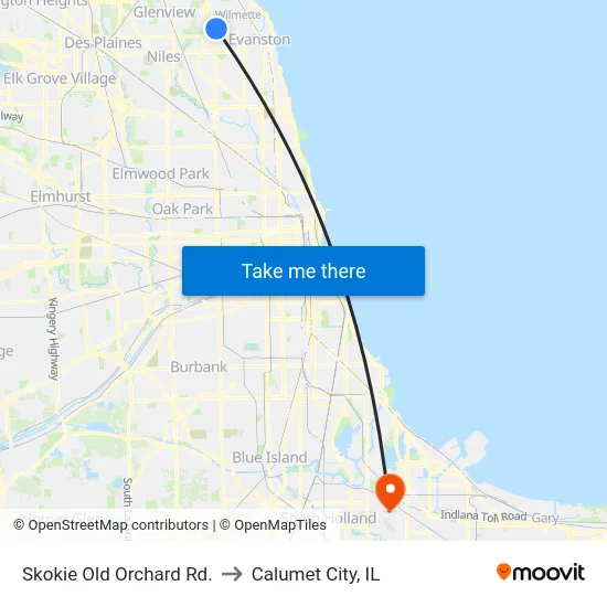 Skokie Old Orchard Rd. to Calumet City, IL map