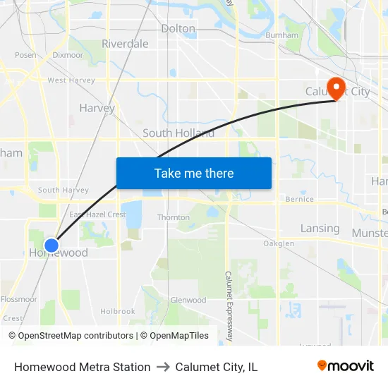 Homewood Metra Station to Calumet City, IL map