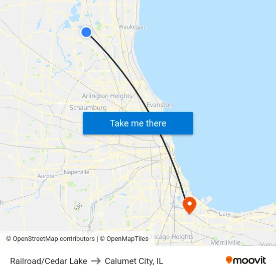 Railroad/Cedar Lake to Calumet City, IL map