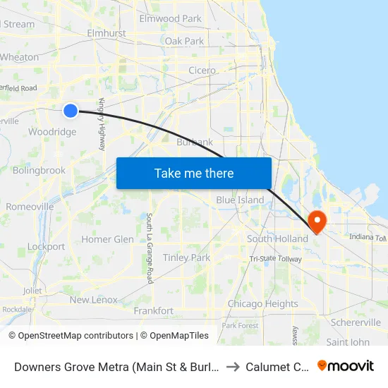 Downers Grove Metra (Main St & Burlington Ave) to Calumet City, IL map