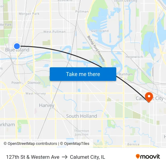 127th St & Western Ave to Calumet City, IL map