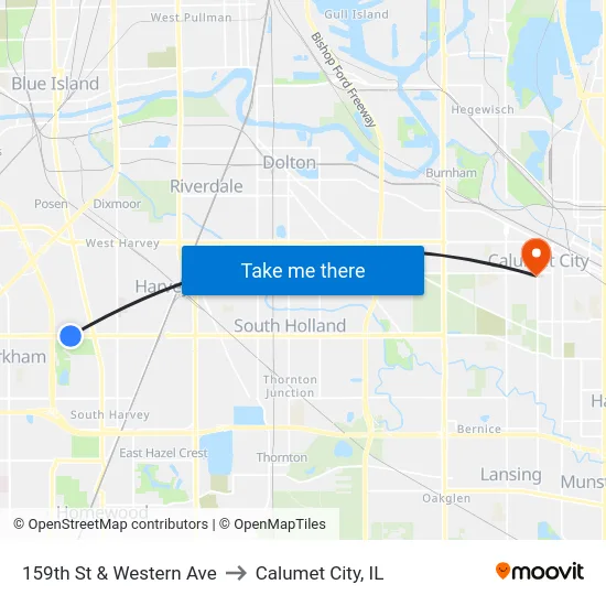 159th St & Western Ave to Calumet City, IL map