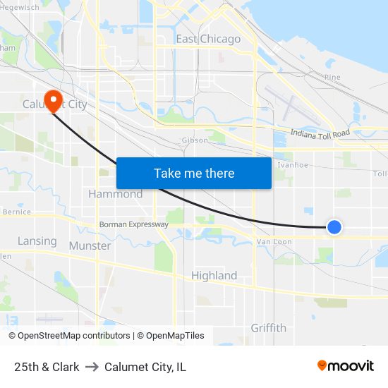 25th & Clark to Calumet City, IL map