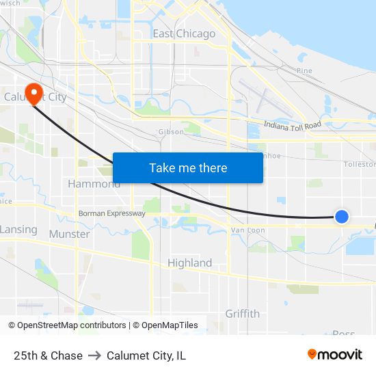 25th & Chase to Calumet City, IL map