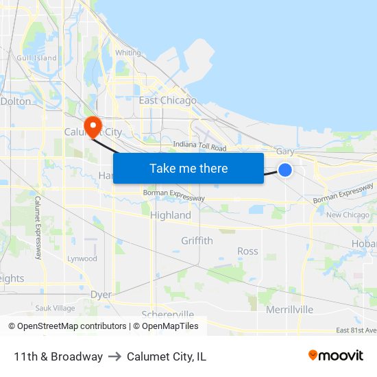 11th & Broadway to Calumet City, IL map