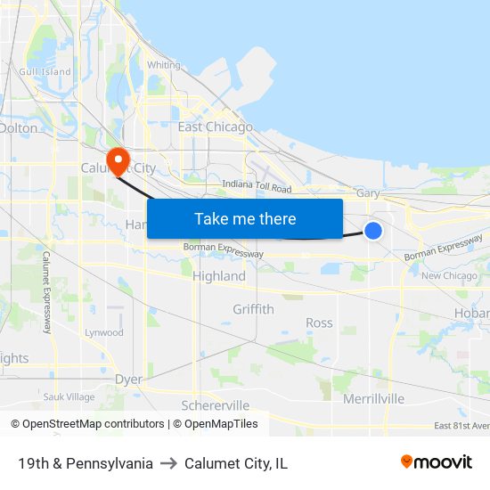 19th & Pennsylvania to Calumet City, IL map