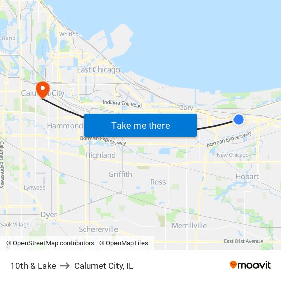 10th & Lake to Calumet City, IL map