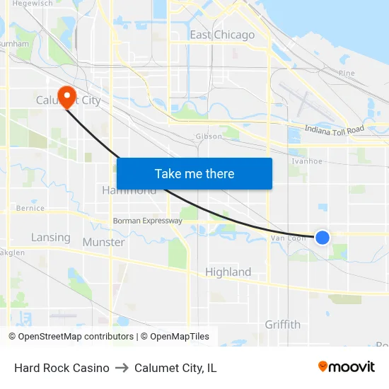 Hard Rock Casino to Calumet City, IL map
