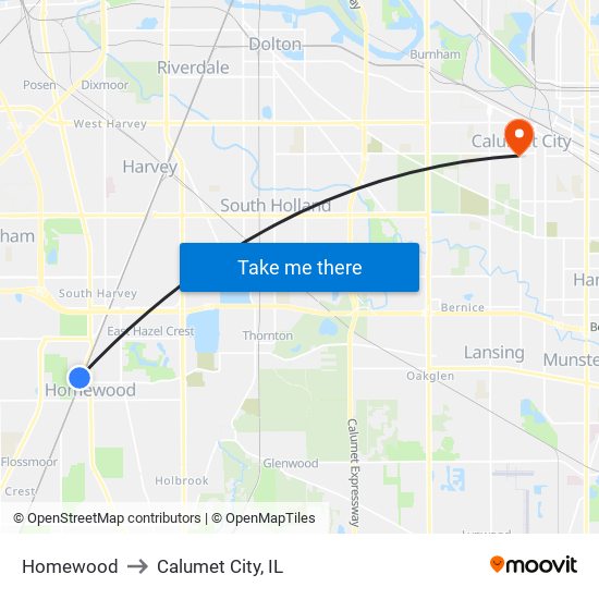 Homewood to Calumet City, IL map