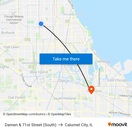 Damen & 71st Street (South) to Calumet City, IL map