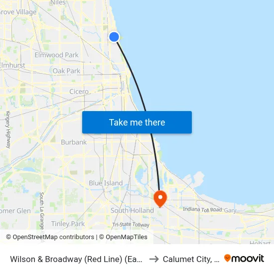 Wilson & Broadway (Red Line) (East) to Calumet City, IL map
