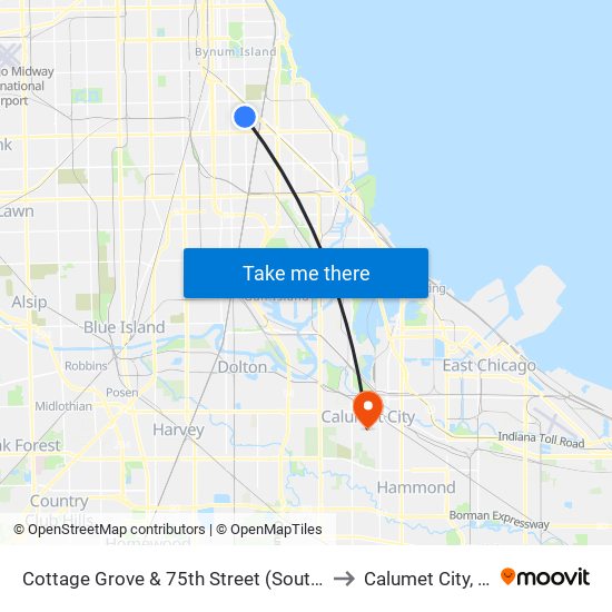 Cottage Grove & 75th Street (South) to Calumet City, IL map